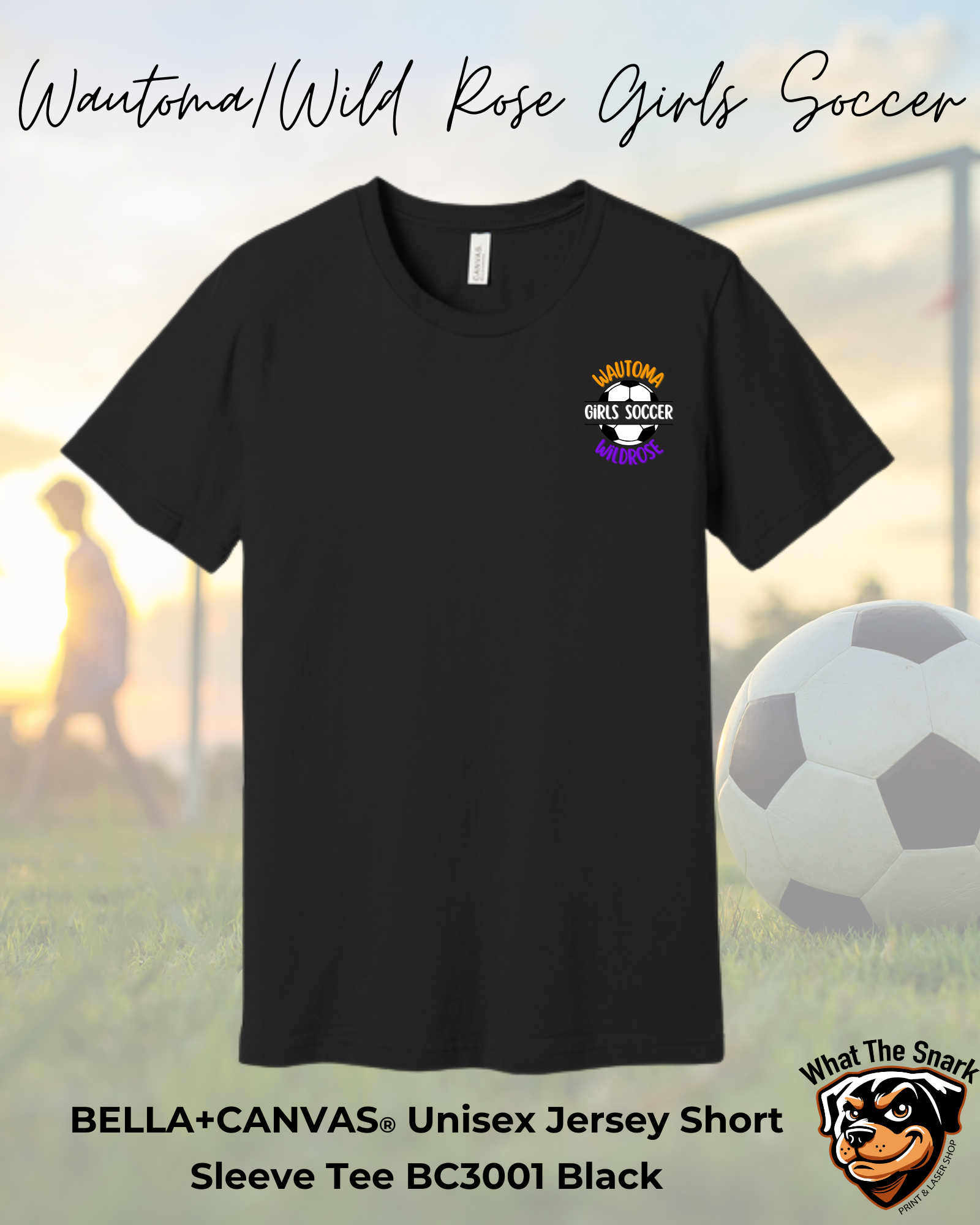 Wautoma Wild Rose Girls Soccer Pocket Logo Bella+Canvas Tshirt