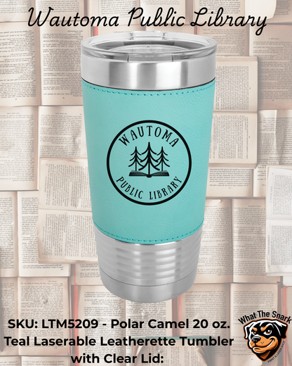 Wautoma Public Library Logo Leather Sleeve Tumbler