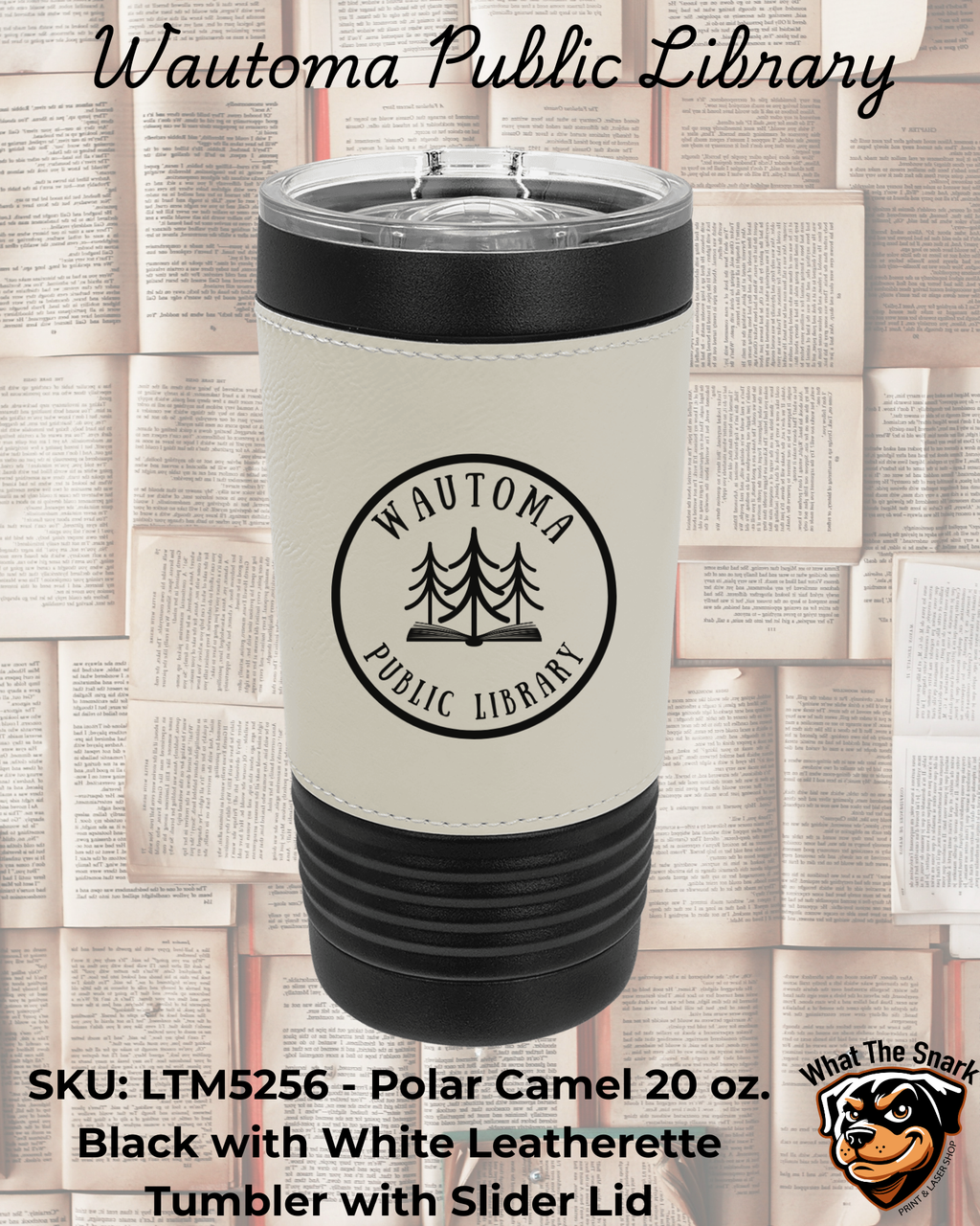 Wautoma Public Library Logo Leather Sleeve Tumbler