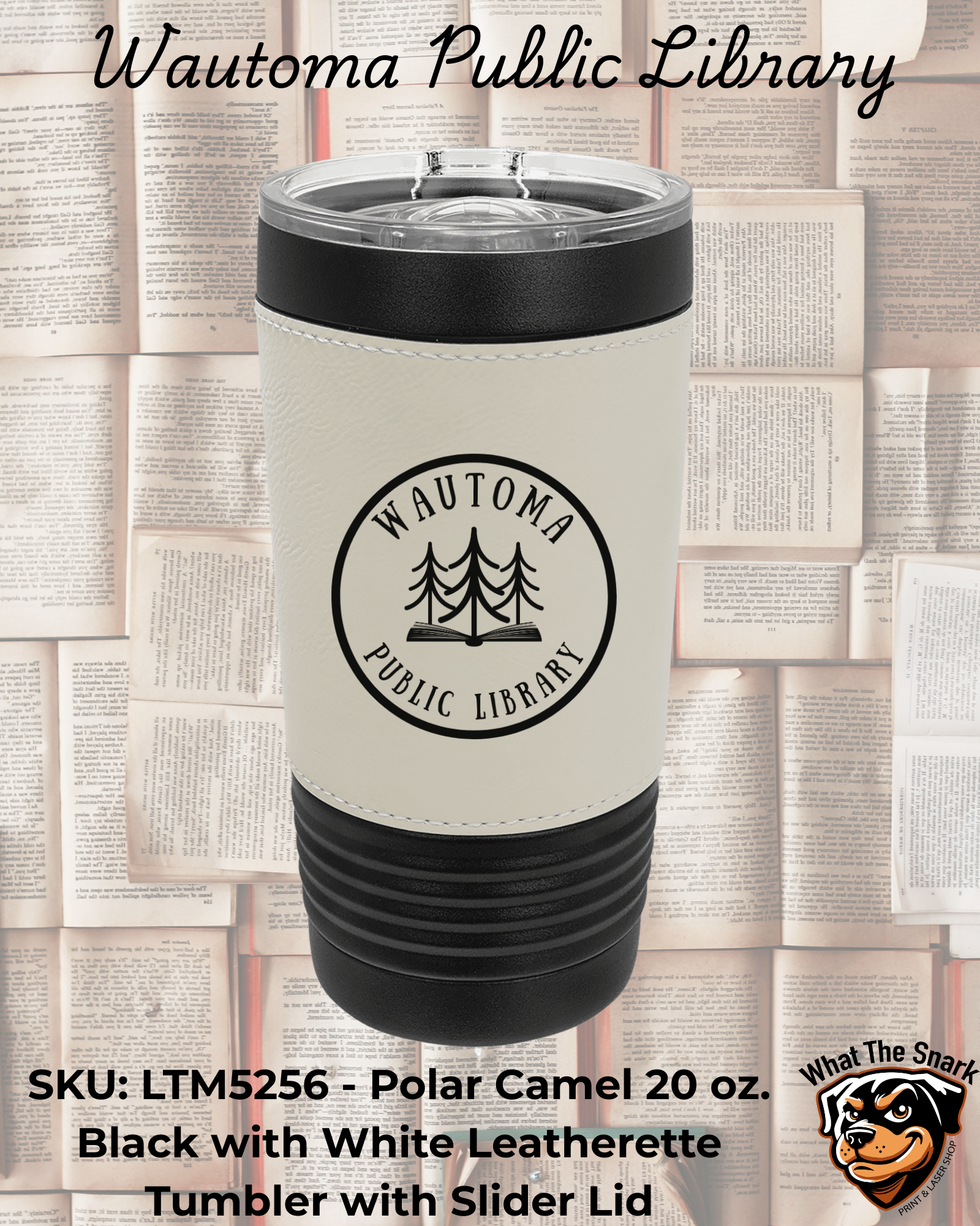 Wautoma Public Library Logo Leather Sleeve Tumbler